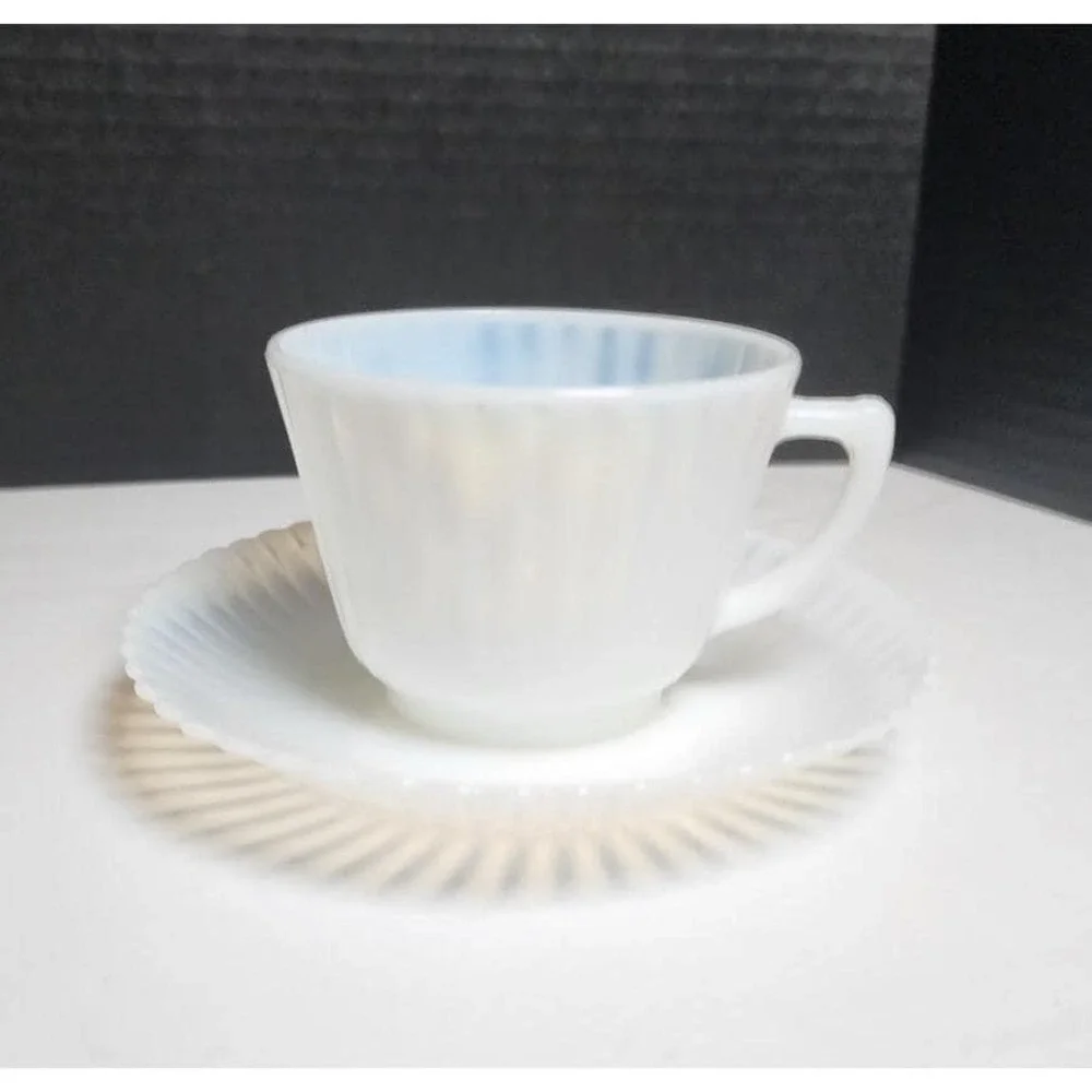 Vintage MacBeth Evans Teacup &‎ Saucer Set Opalescent Depression Glass Petalware